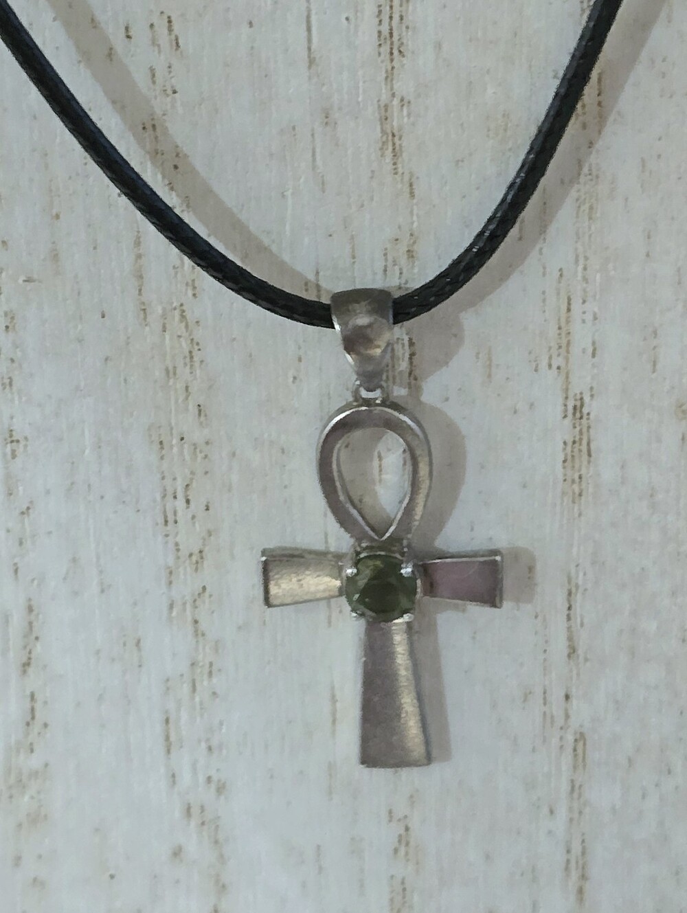 Sterling-Silver Ankh Necklace with Authentic Moldavite With Cord Necklace